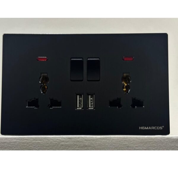 Sleek Black Twin Socket + Dual USB Ports.