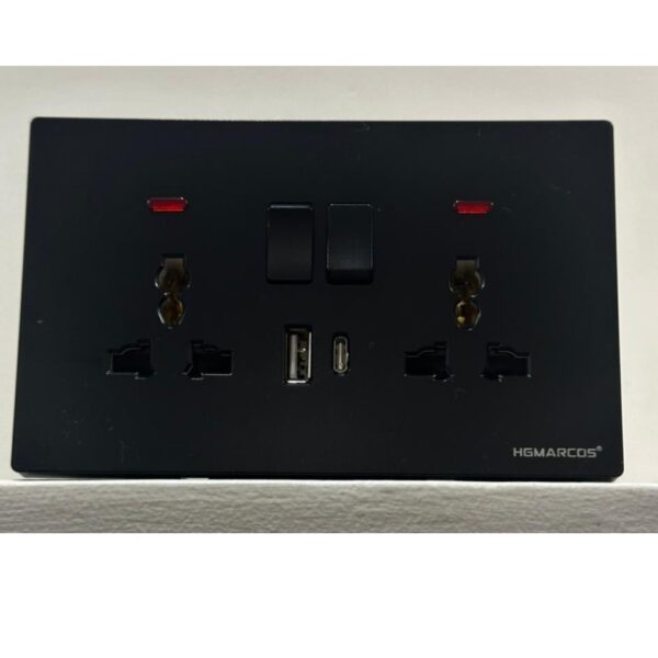 Sleek Black Twin Universal Socket with USB & Type-C Ports + Dual Switch